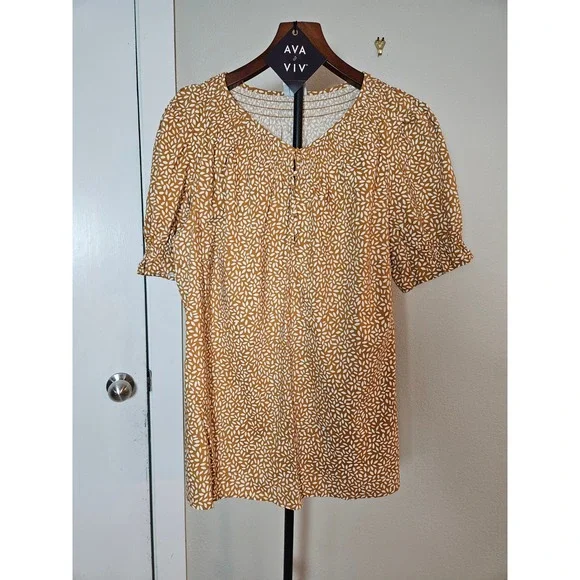 Ava & Viv Womens Plus 1X Yellow Print Smocked Neck Puff Sleeve NEW Boho Peasant - Picture 2 of 8